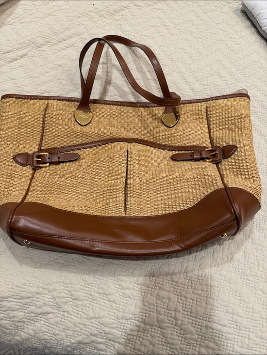 Lauren Ralph Lauren Handbags - Lauren Ralph Lauren Tan Woven Straw Tote with Brown Leather Trim